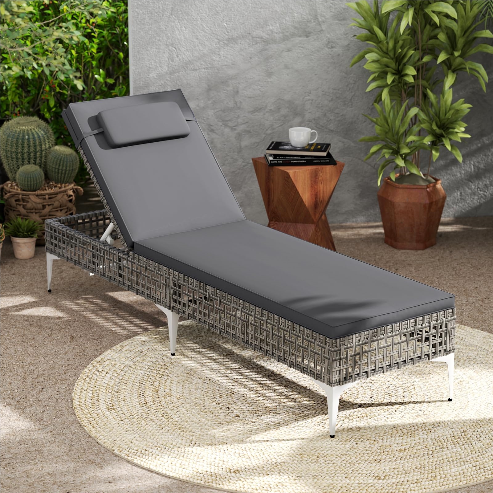 Image of Rattan Sun Lounger, Garden Lounger With Cushion, Headrest And Adjustable Backrest, Weather-resistant Balcony Lounger, Terrace Lounger Loadable Up To 180 Kg, Garden Chair For Garden, Terrace, Balcony