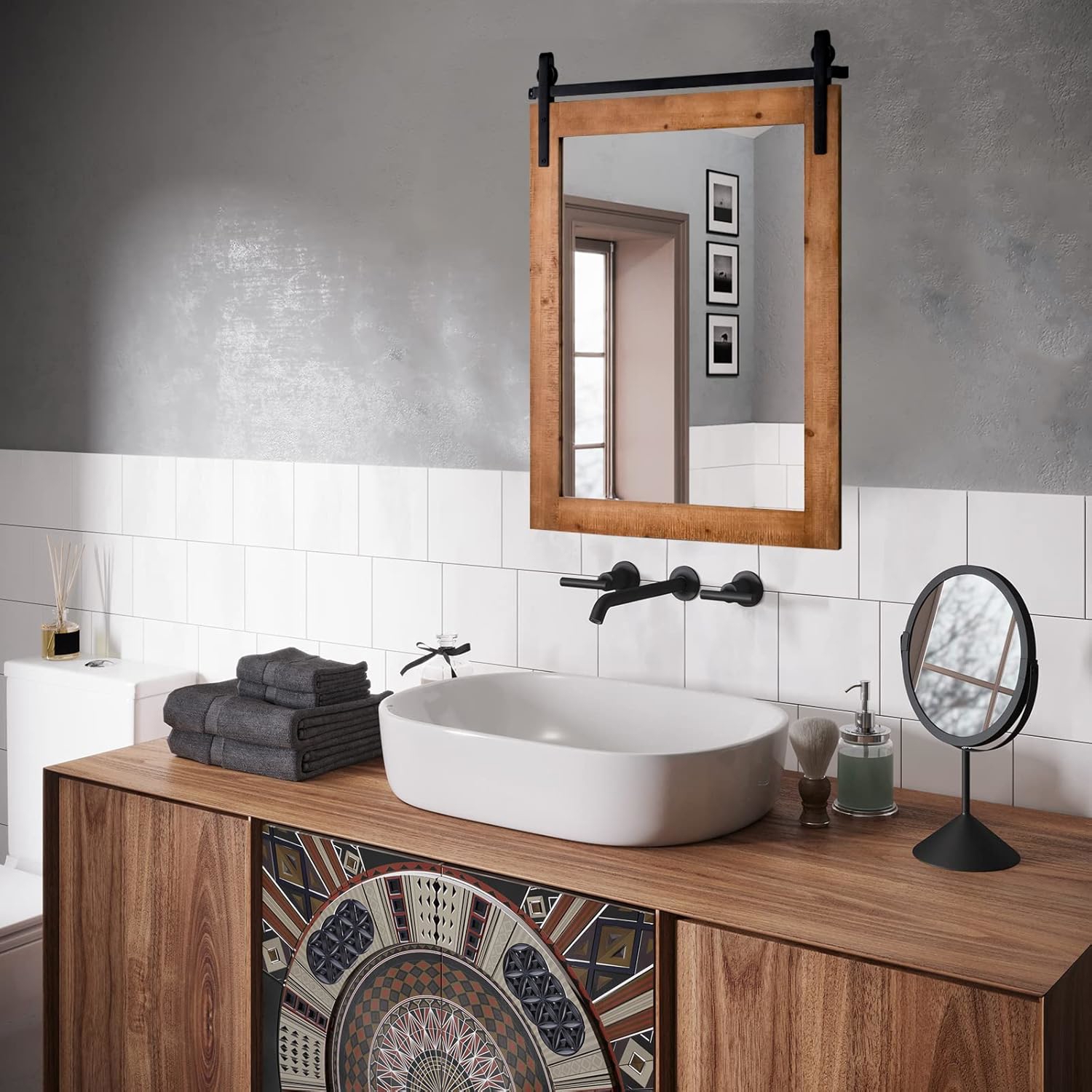 Farmhouse Wall Mirror, Rustic Wall Mounted Mirror With Solid Wood Frame And Metal Bracket