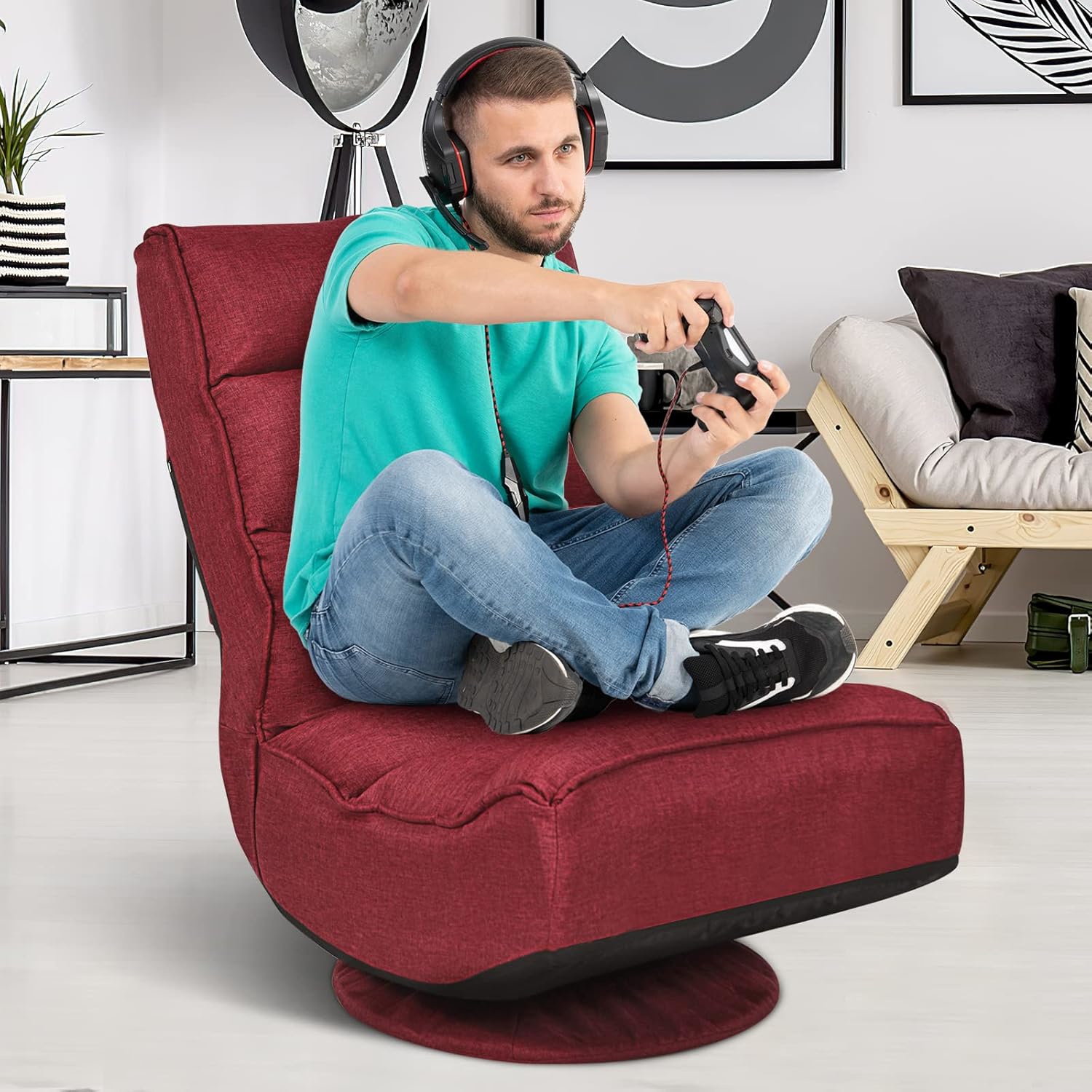 Image of 360 Degree Swivel Floor Chair, 5 Position Adjustable Folding Gaming Chair, Padded Lazy Sofa Lounge Chair