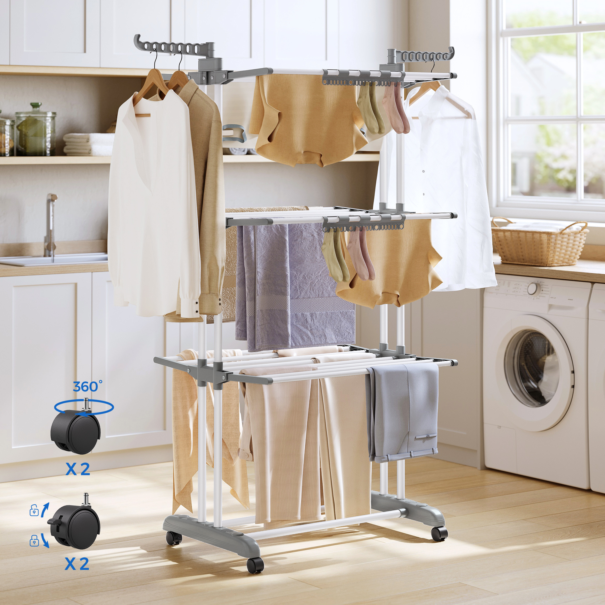 E-shop 4-Etagen Wäscheständer, multifunktionaler zusammenklappbarer Handtuchhalter,Bodenstehender Kleiderbugel ,Standtrockner 4