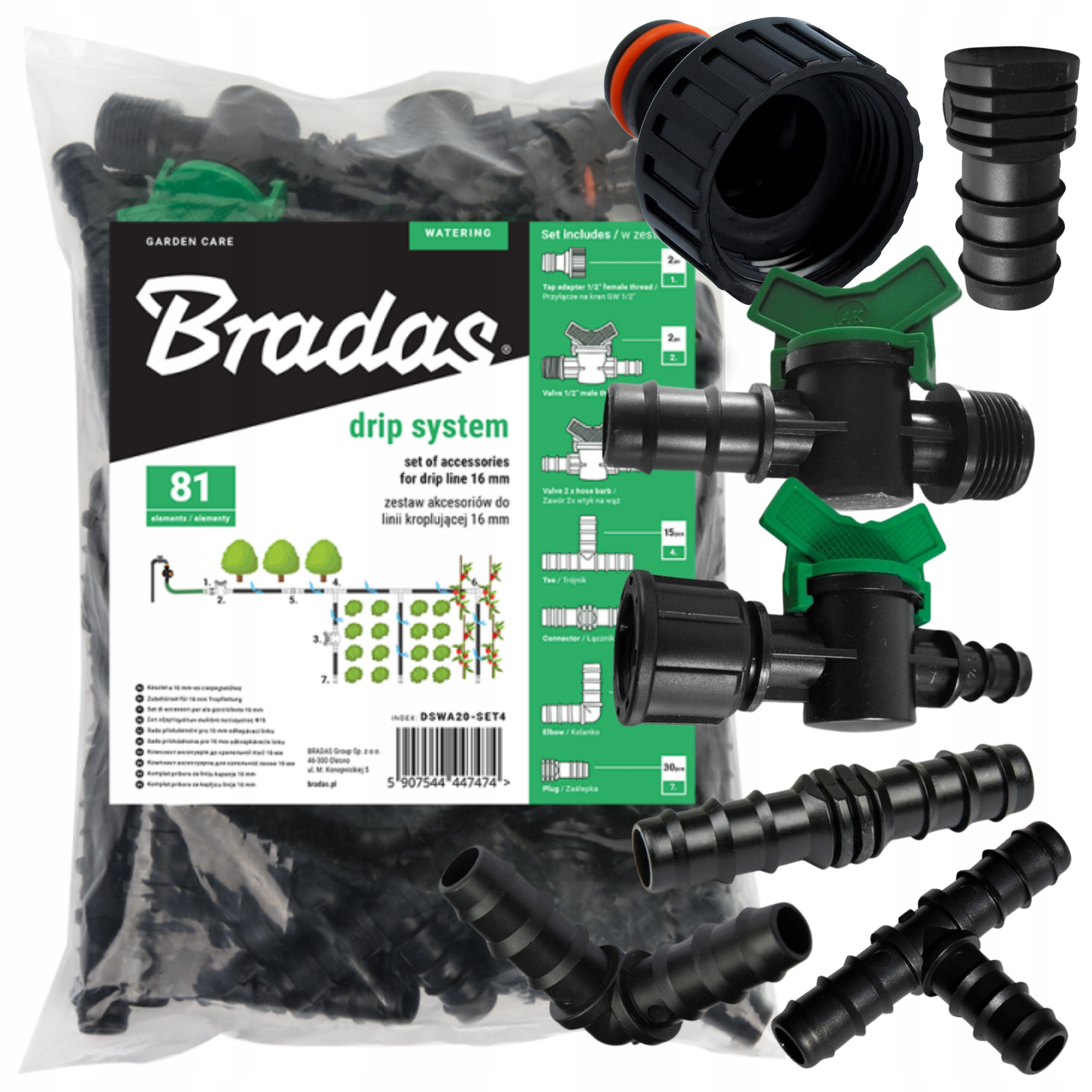 E-shop SET FÜR DIE BESUCHUNG DER Tropfbewässerungsleitung 16MM 81 Stück. COMPLETTES SET MIT ELEMENTEN FÜR DIE GARTENBESUCHUNG GARTENBESUCHUNGSSYSTEM