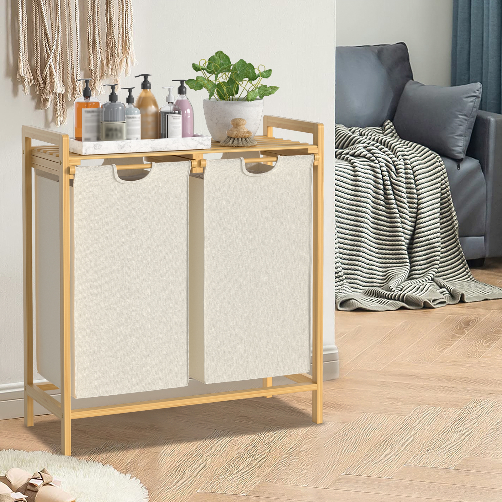 TEMU Laundry Basket 2 Compartments Bamboo Laundry Sorter With Storage Laundry Collector Removable Laundry Bags Laundry Separator For Bedroom Laundry