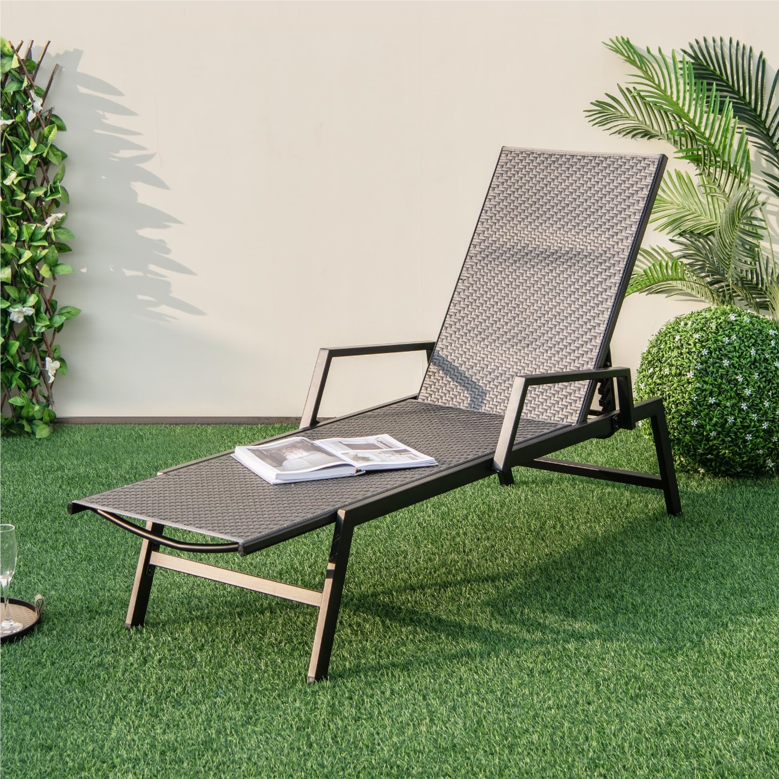 Image of Rattan Sun Lounger, Garden Lounger With Adjustable Backrest And Armrests, Patio Lounger Supports Up To 150 Kg, Recliner For Garden, Terrace, Pool