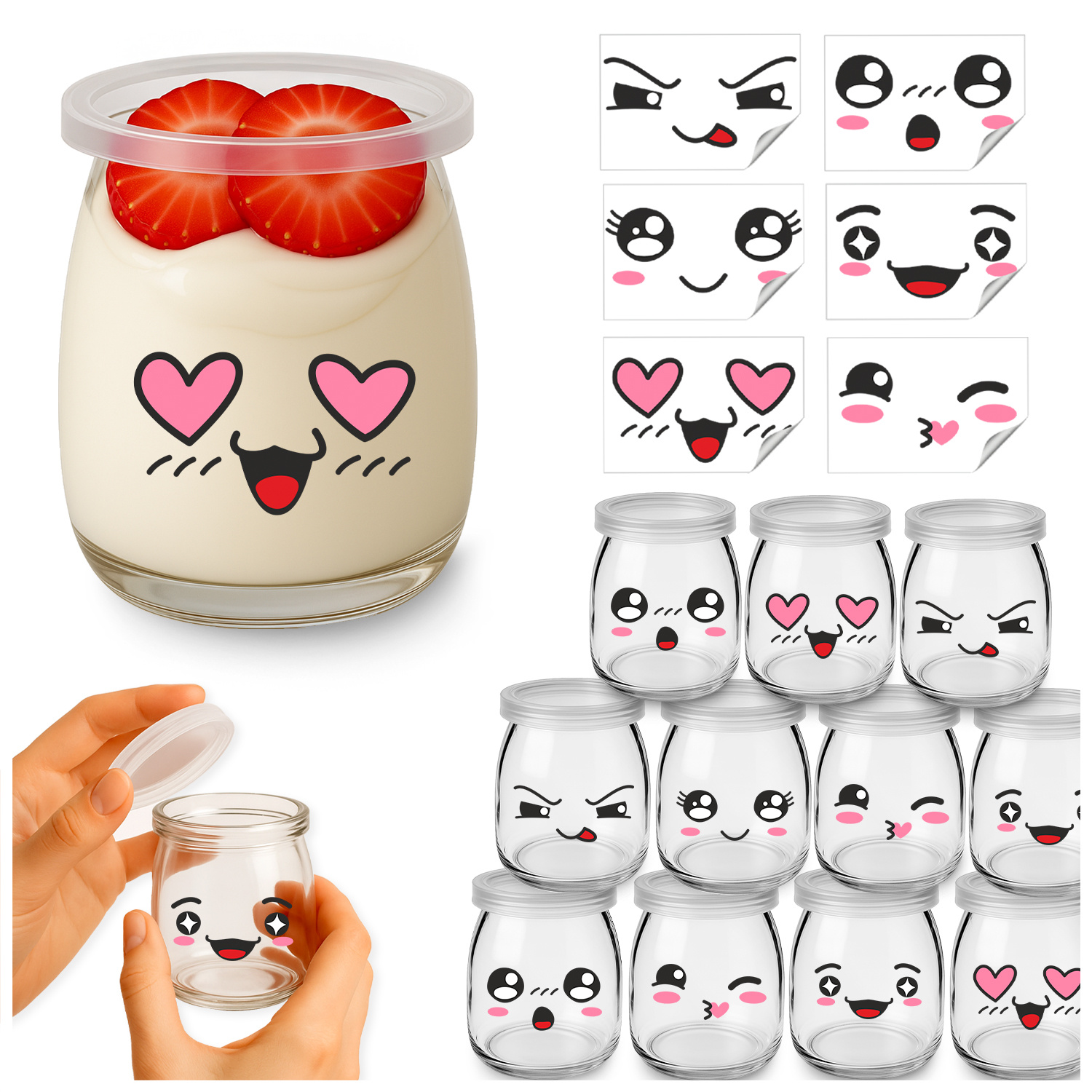 Image of Glass Dessert Jars 100 Ml With Printed Labels For Serving Desserts, Jellies, Salads, Sauces + Child-safe Stoppers, For Home, Kindergarten