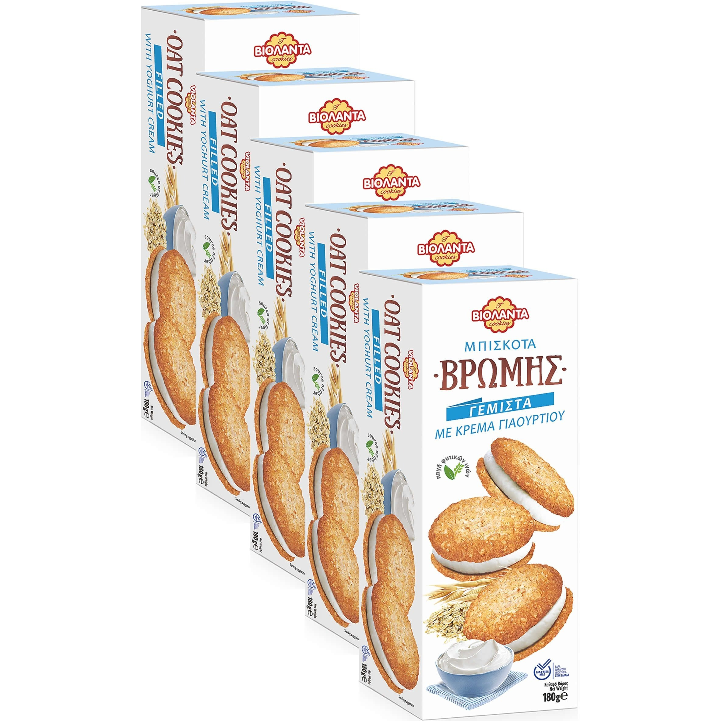 Image of Oat Double Biscuits Filled With Yogurt Cream - High In Fiber - Total 900g 5 Packs Of 180g Each From Greece