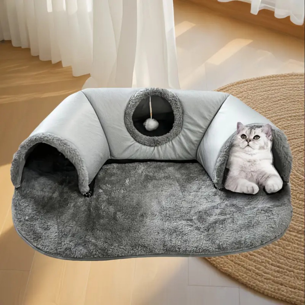 TEMU 2-in-1 Cat Tunnel, Bed & Playhouse, Soft Fluffy Pet Bed, Cozy Hideout For Small Cats,rabbits,guinea Pigs,hamsters, Anti-slip Bottom, Zip