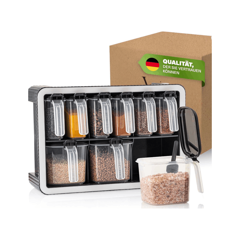 E-shop Viwares Gewürzdosen 9er Set mit Wandhalterung und Löffeln, Luftdicht, BPA-, Transparent