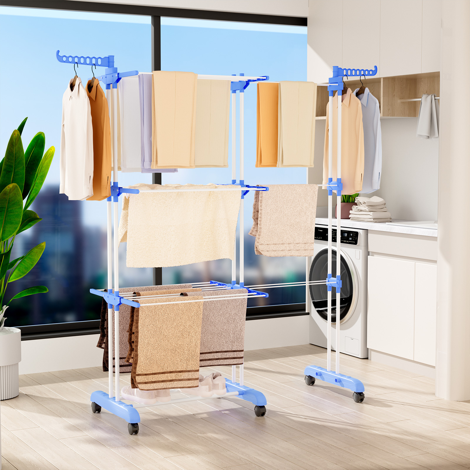 Image of Oak & Tea Clothes Airer Tower, 83-200 Cm (extendable Wings), Xxl With Wheels, Clothes Airer, Large Standing Dryer, For Indoor And Outdoor Use