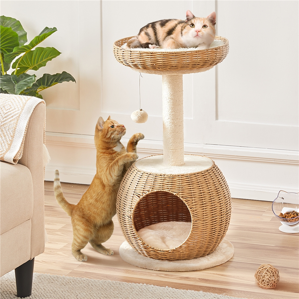 Image of Costoffs Ratten Climbing Tree Scratching Post For Large Cats - Stable Cat Scratching Post With Plush Ball, Cat Basket, Cat Cave, And Sisal Cat Furniture