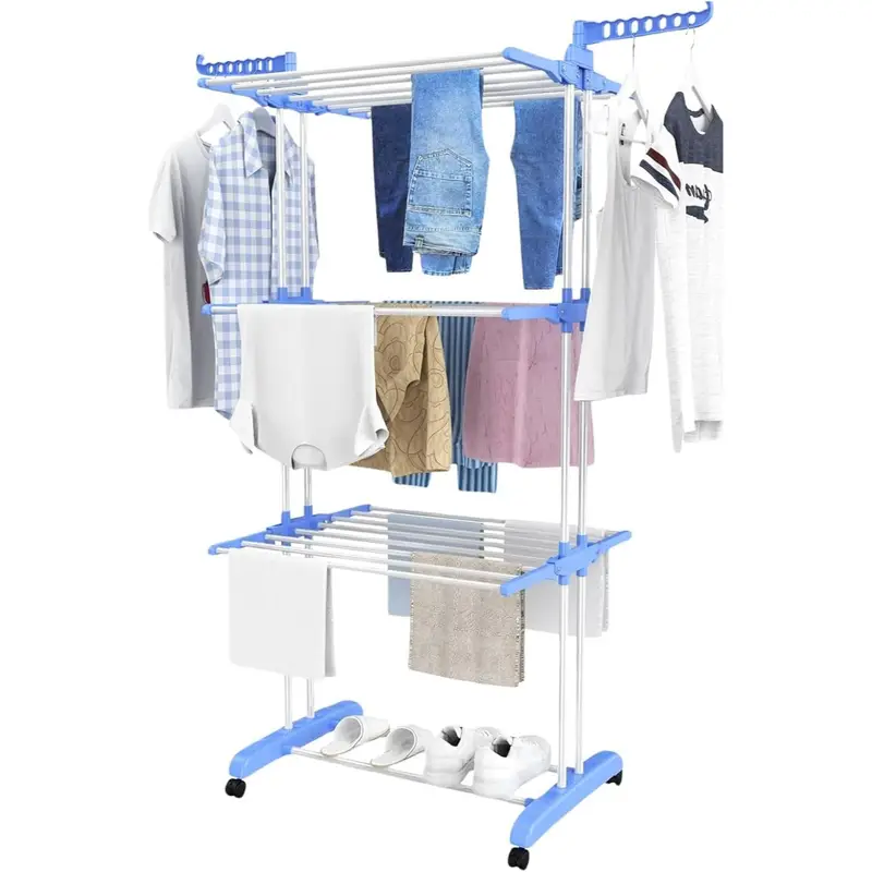foldable extra large clothes drying rack 4 tier for indoor outdoor laundry room laundry garment dryer stand adjustable rolling laundry 4 tier foldable clothes drying poll/rack adjustable hanger large stainless steel laundry rack 360° rotating , large drying space and rolling wheels for indoor/outdoor use details 3