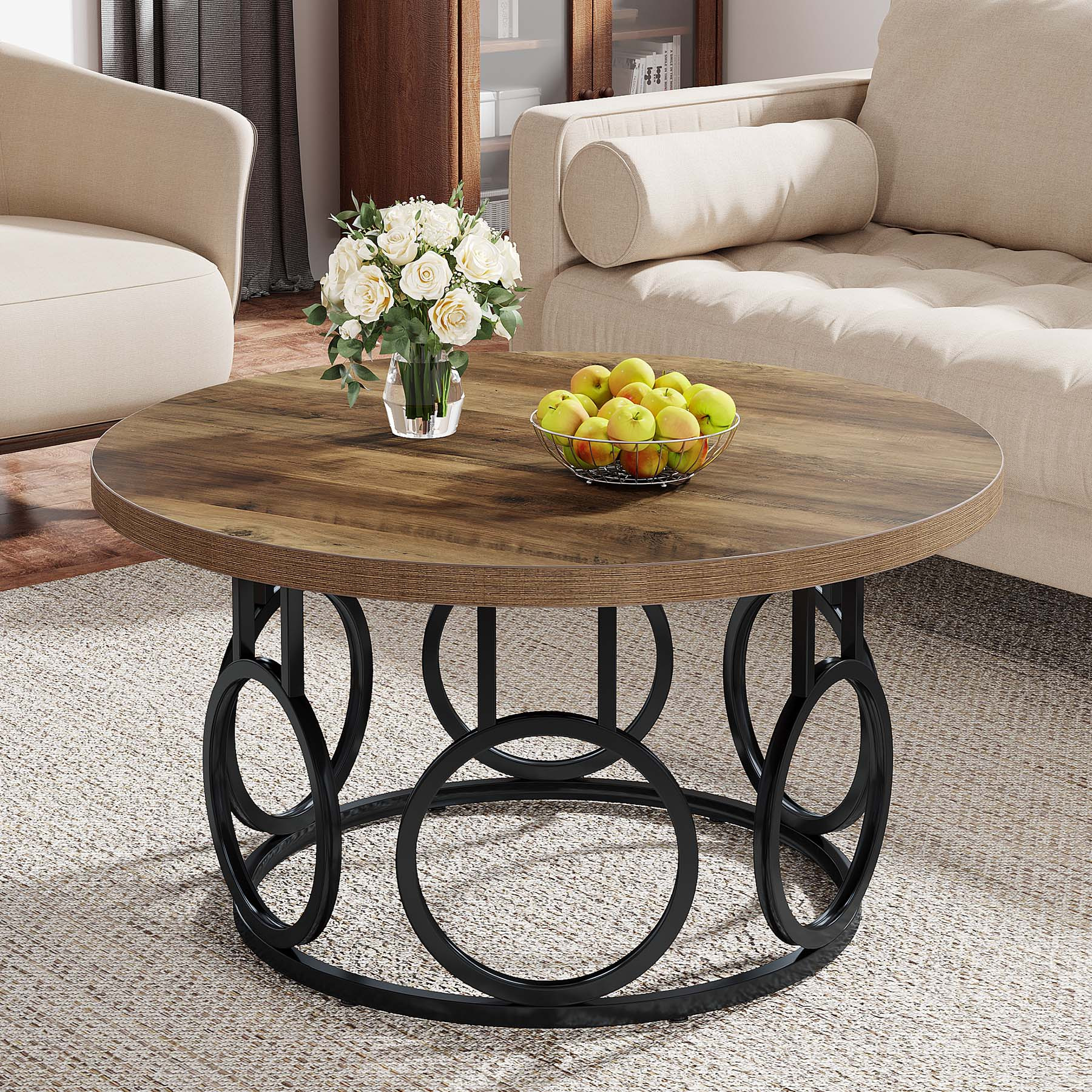 Image of Industrial Circular Coffee Table, 80x80x45cm Wooden Living Room Center Decoration, Multifunctional Industrial Style Side Table Suitable For Living Rooms.