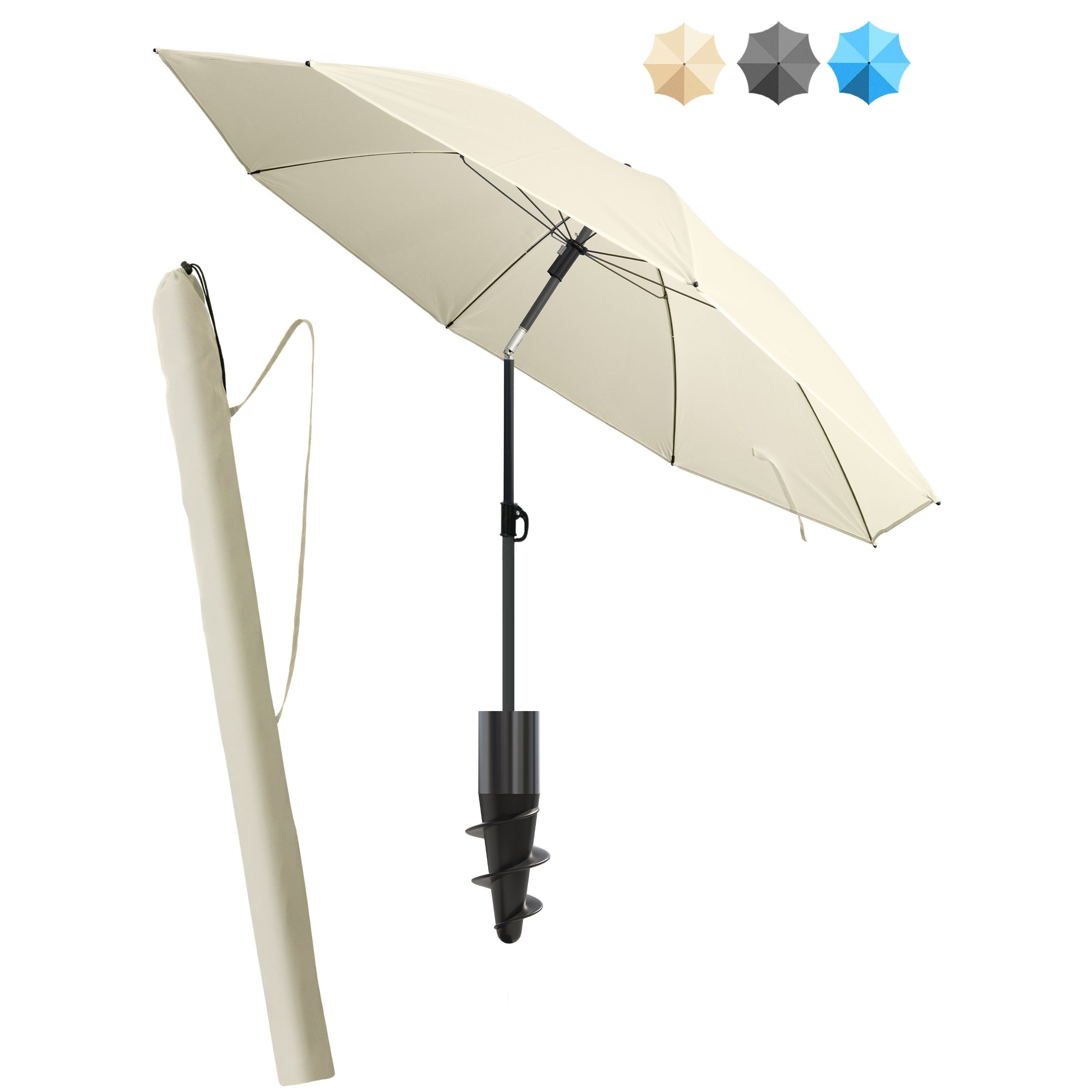 Image of Sun Umbrella Beach 3-in-1 Set, Ø 180 Cm, /beige/blue - Upf 50+ Windproof Stable Beach Umbrella + Sun Cover + Ground Sleeve Or Lawn Spike Sun Umbrella Holder - Protection For Beach And Garden