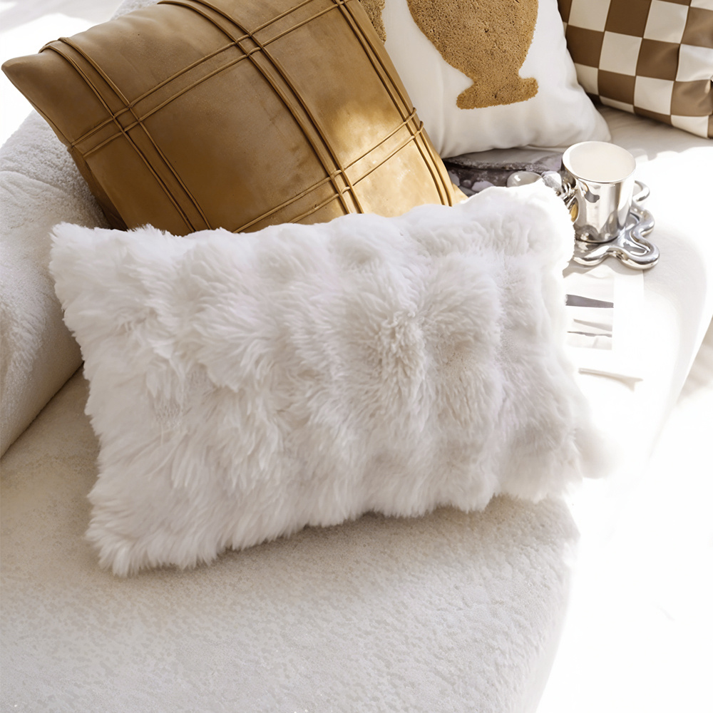 TEMU 1pc White Plush Decorative Pillow Cover, 30x50 Cm, Bohemian Style Sofa Pillow Cover, Fluffy Faux Rabbit Fur Pillow Cover, Soft Decorative Pillow