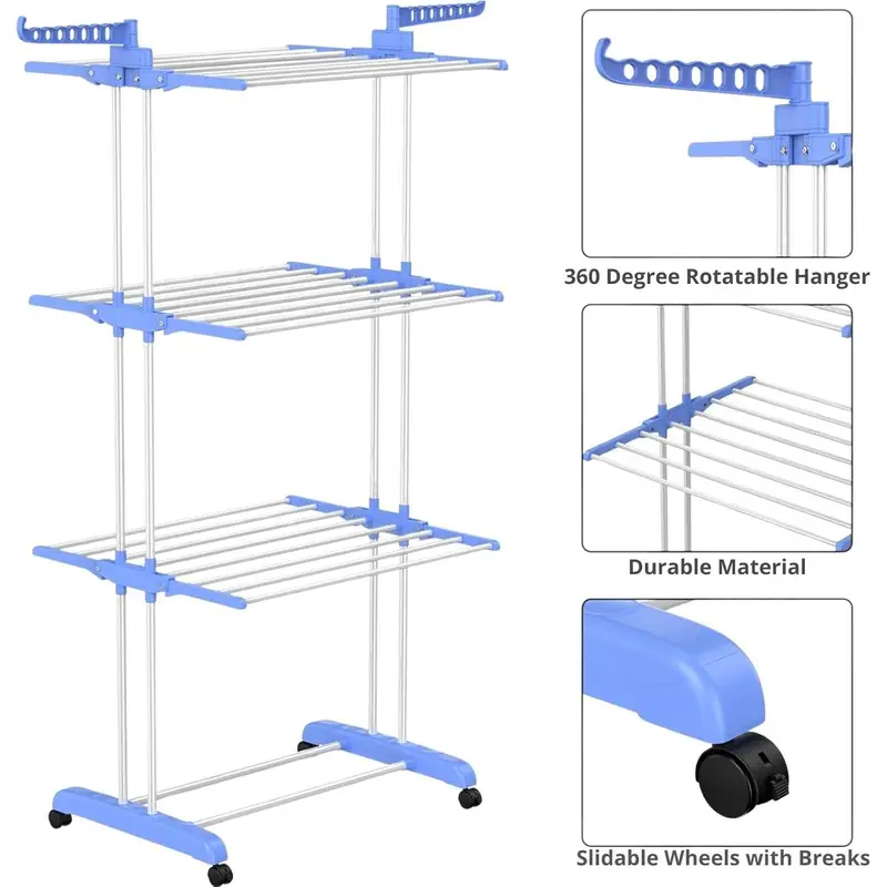 foldable extra large clothes drying rack 4 tier for indoor outdoor laundry room laundry garment dryer stand adjustable rolling laundry 4 tier foldable clothes drying poll/rack adjustable hanger large stainless steel laundry rack 360° rotating , large drying space and rolling wheels for indoor/outdoor use details 5