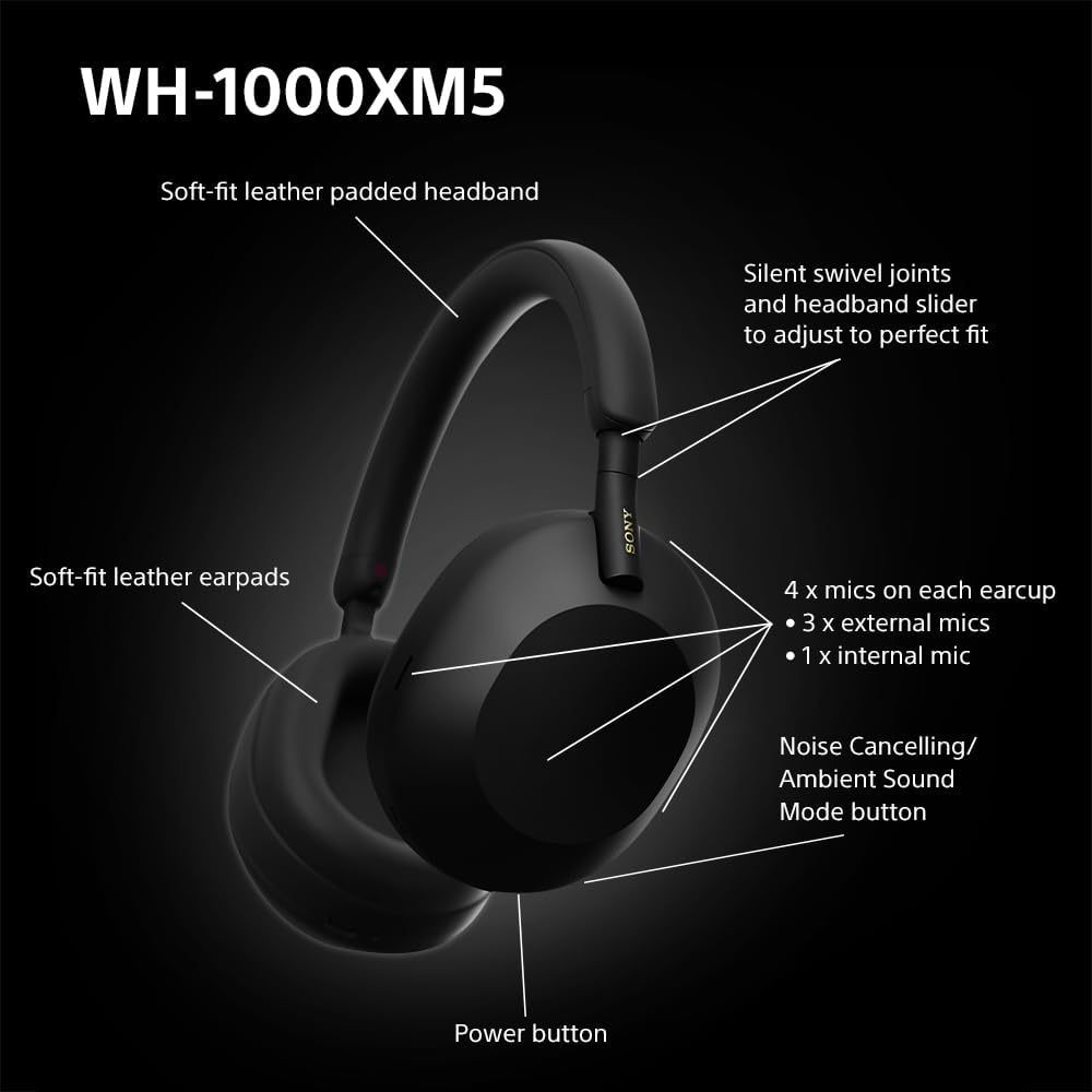 Sony WH-1000XM5 Noise Cancelling Wireless Over-Ear Headphones, B-tooth, Clear Call Quality, Hi-Res, Up to 30hr Battery Life, Quick Charge, Alexa & Google Assistant in SILVER