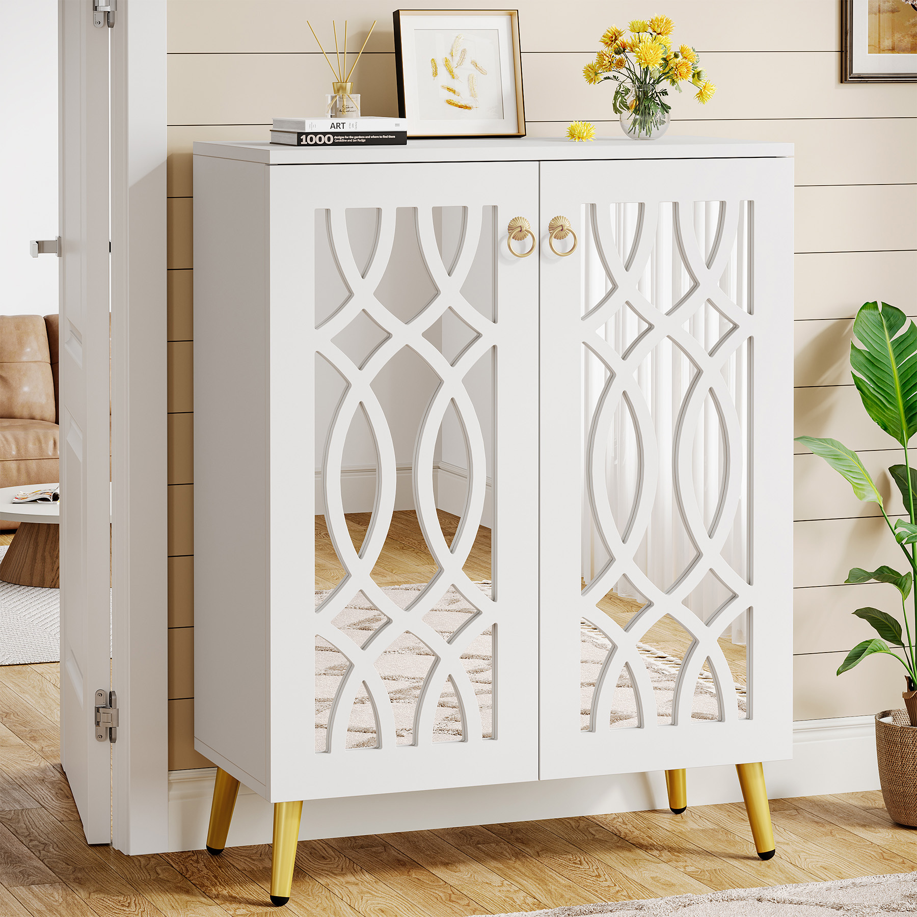 Image of Mirror 5-layer Shoe Cabinet, Modern White , Large Independent Wooden Shoe Cabinet, Space Entrance And Bedroom Storage Cabinet, Fashionable And Practical Home Decoration.