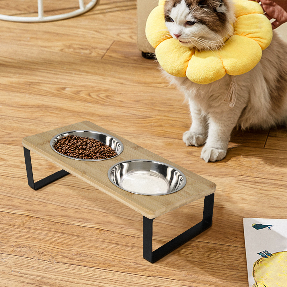 TEMU Detachable Cat Feeding Station With Dual Bowls, Neck-friendly Elevated Pet Feeder For Cats And Small Dogs, Durable Wooden Dining Table For Dry