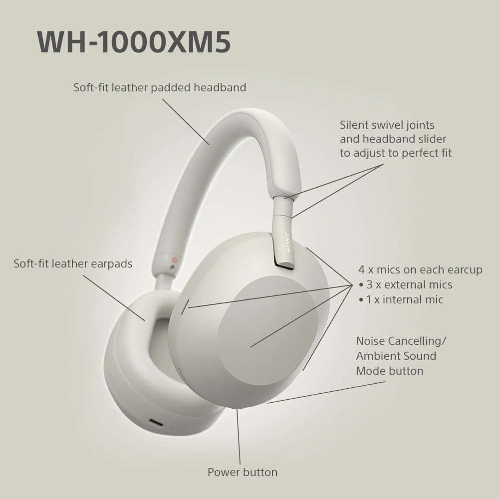 Sony WH-1000XM5 Noise Cancelling Wireless Over-Ear Headphones, B-tooth, Clear Call Quality, Hi-Res, Up to 30hr Battery Life, Quick Charge, Alexa & Google Assistant in SILVER