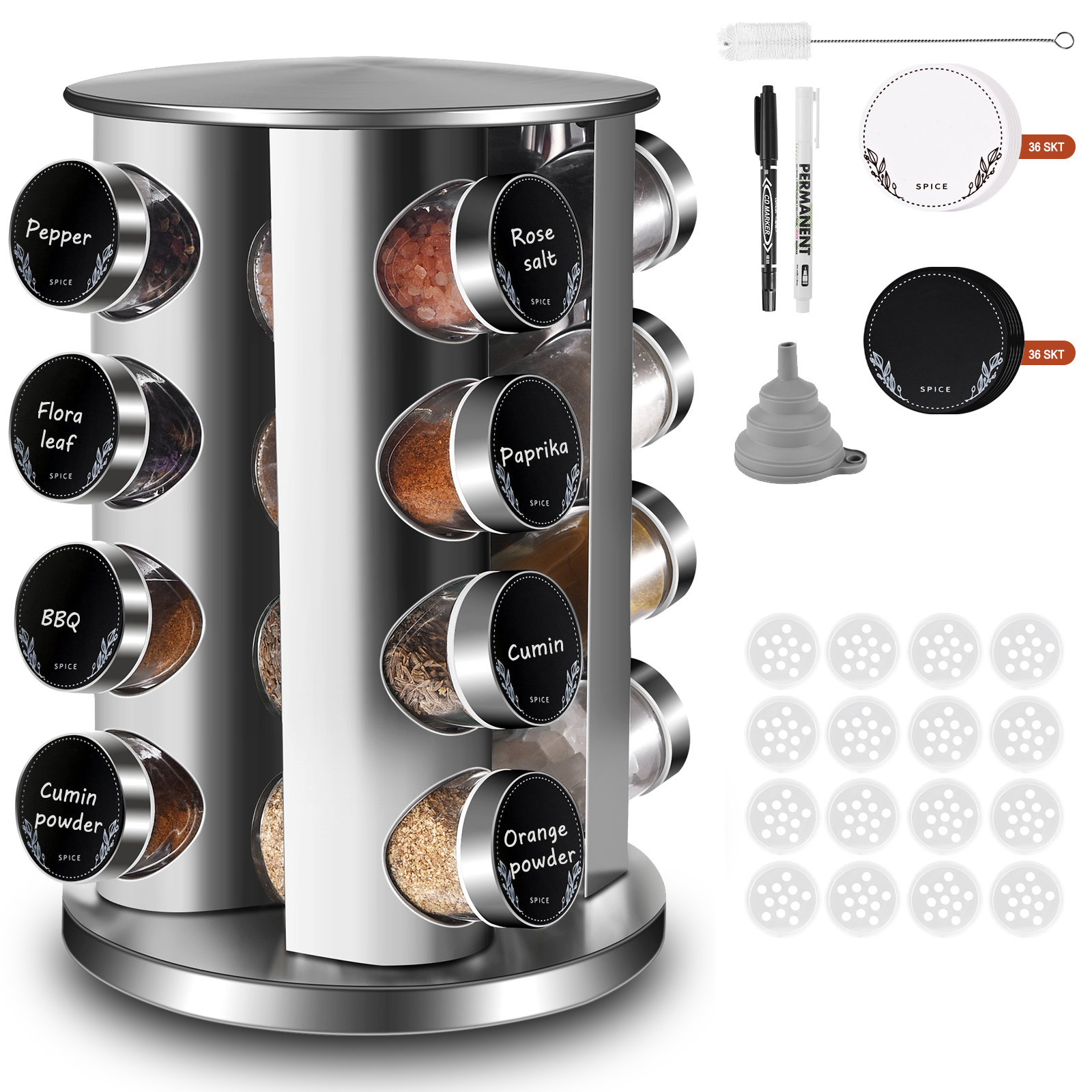 TEMU 12/16/20 Round Spice Rack With Round Spice Jars, 360° Rotatable Stainless Steel Spice Carousel, Spice Organizer, Vertical Spice Rack, Spice Jars