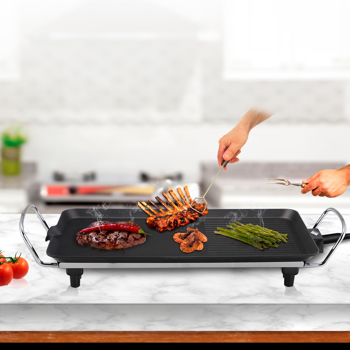 Electric Cooker with   Coating for Meat, Fish, and Vegetables, Flat and Grill Design, 1500W Power, 230V- , Detachable Oil Tray, Adjustable Thermostat Control, Safe Transport Handles, Easy to Clean