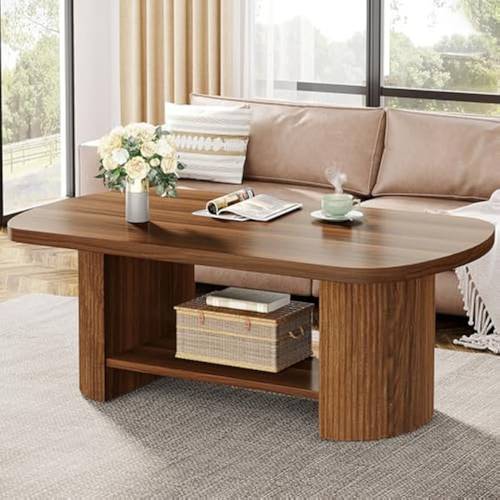 45 27 inch oval coffee table medieval modern double layered design with storage rack country brown wooden coffee table suitable for central decorative tables in living rooms bedrooms or apartments