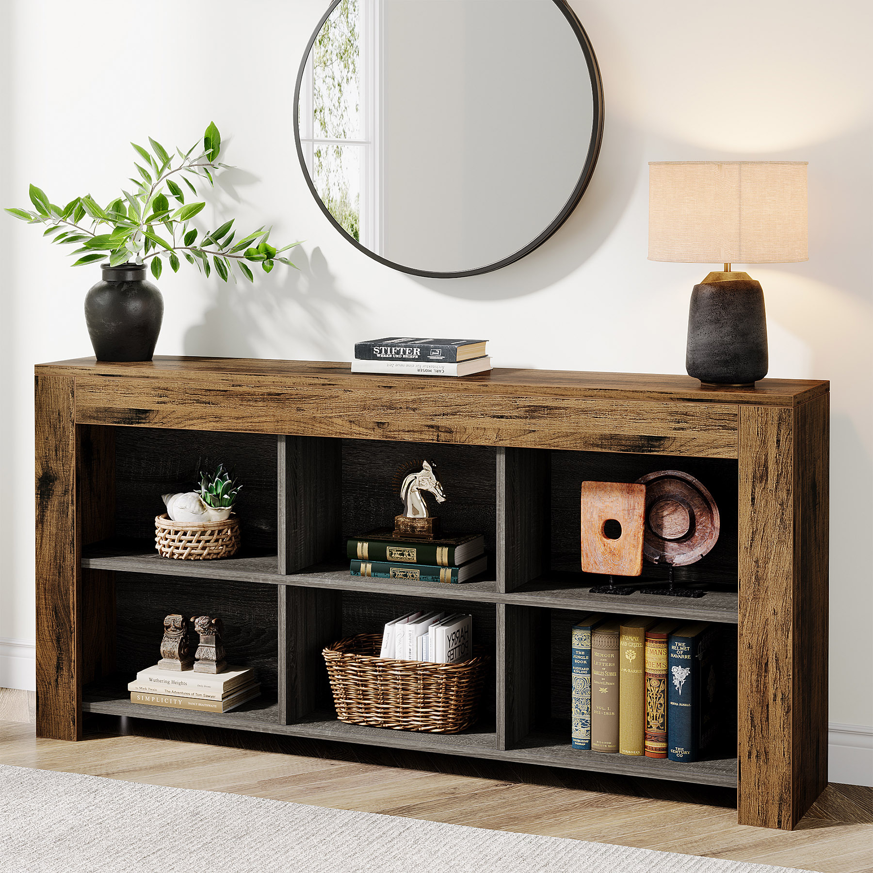 Image of Wooden Entrance Table With 6 Compartments, Spacious 160x30x80cm Entrance Storage Table, Multifunctional Storage Table, Suitable For Living Room, And Entrance Decoration Table.