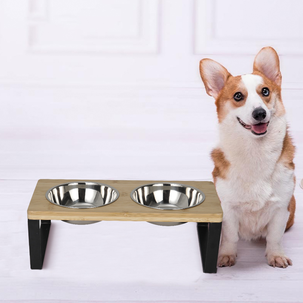TEMU Elevated Tilted Pet Feeder With Dual Stainless Steel Bowls, Durable Wood-metal Stand, Neck For Cats & Small Dogs, Easy Assembly, 33x16x12cm