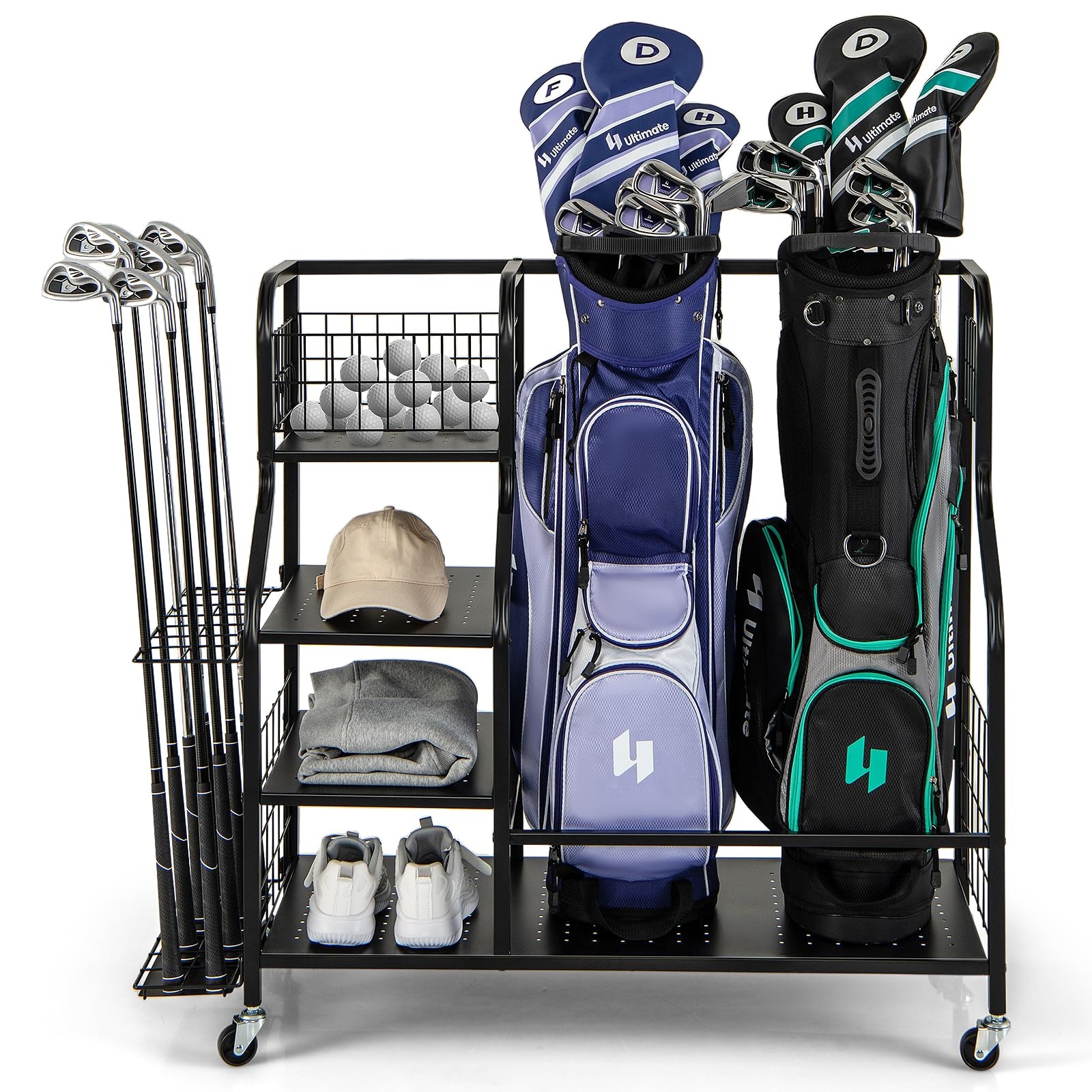 organisateur de golf   1, organisateur de clubs de golf avec roues, pour 2 sacs de golf et accessoires de golf, support de sac de golf avec crochets et panier pour balles de golf et 3 étagères en métal
