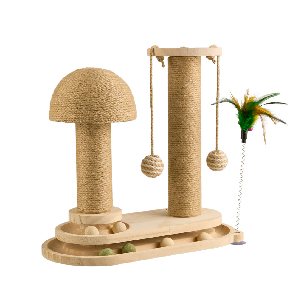 Solid Wood Cat Scratch Pole with Teasing Stick
