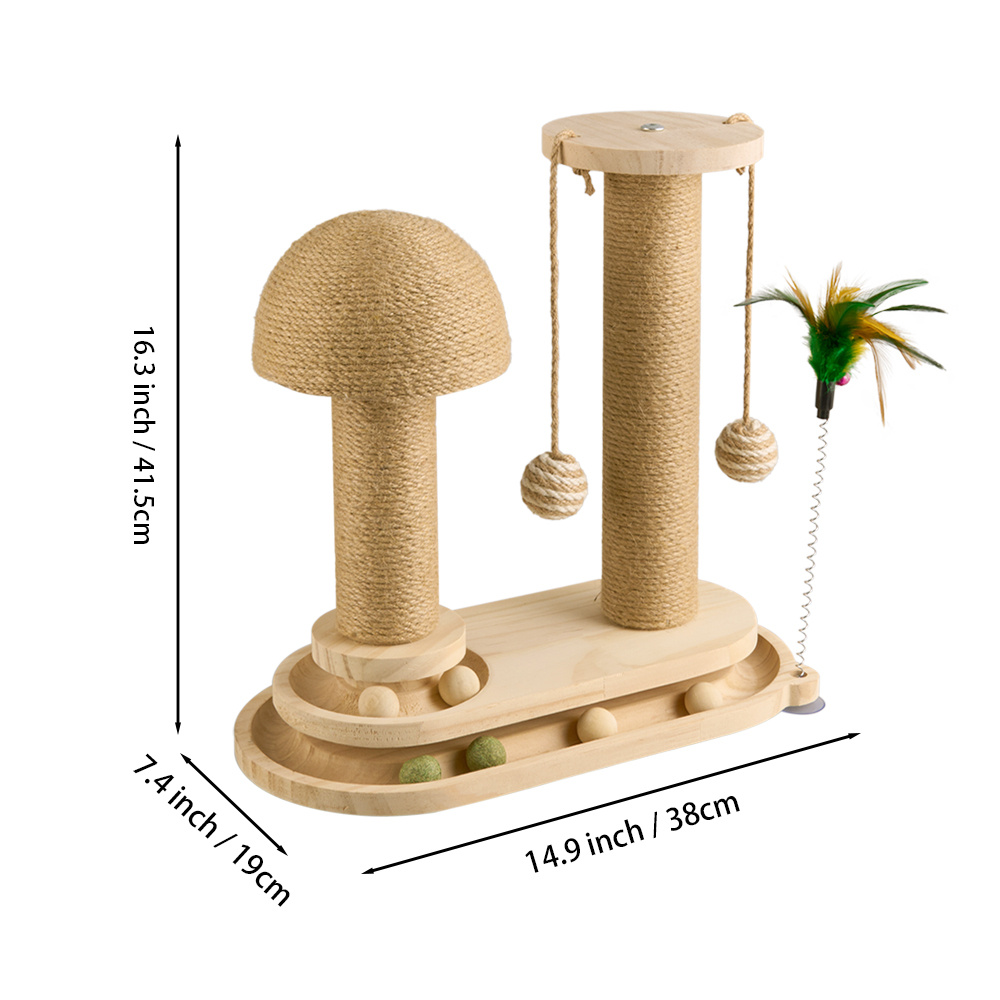 Solid Wood Cat Scratch Pole with Teasing Stick
