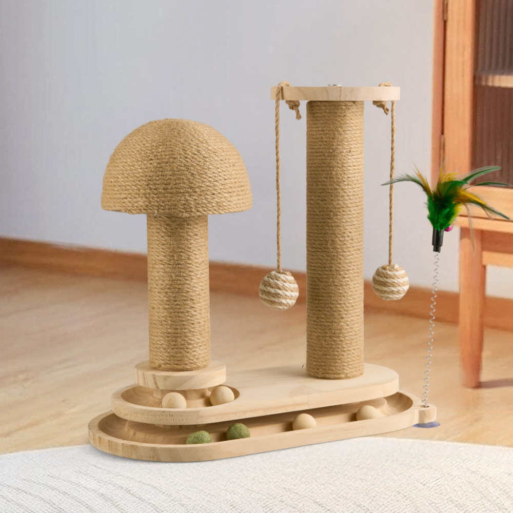 Solid Wood Cat Scratch Pole with Teasing Stick
