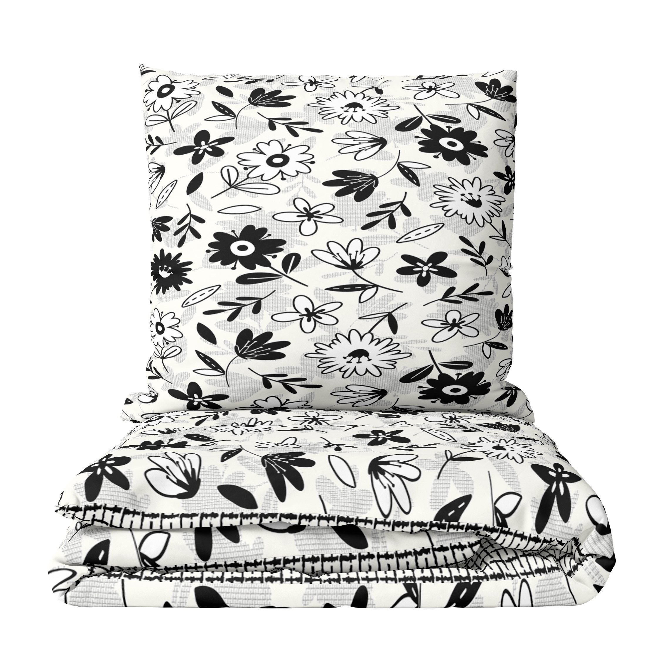 Cotton Bedding Set With Floral Print, White, Black, Grey, Reversible Checkered Modern Pillowcase 80x80 Cm With Zipper