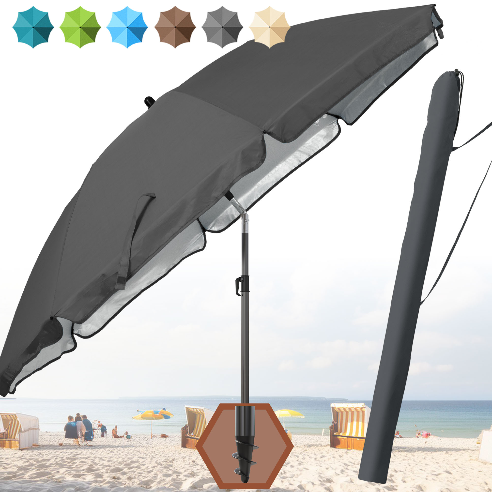 Lindenstein Beach Umbrella Set - Upf 50+ Sun Umbrella Ø 180 Cm, Windproof And Stable, Includes Protective Cover - Protection For Beach & Garden - Colors: /beige/blue/turquoise/green/taupe/blue-white
