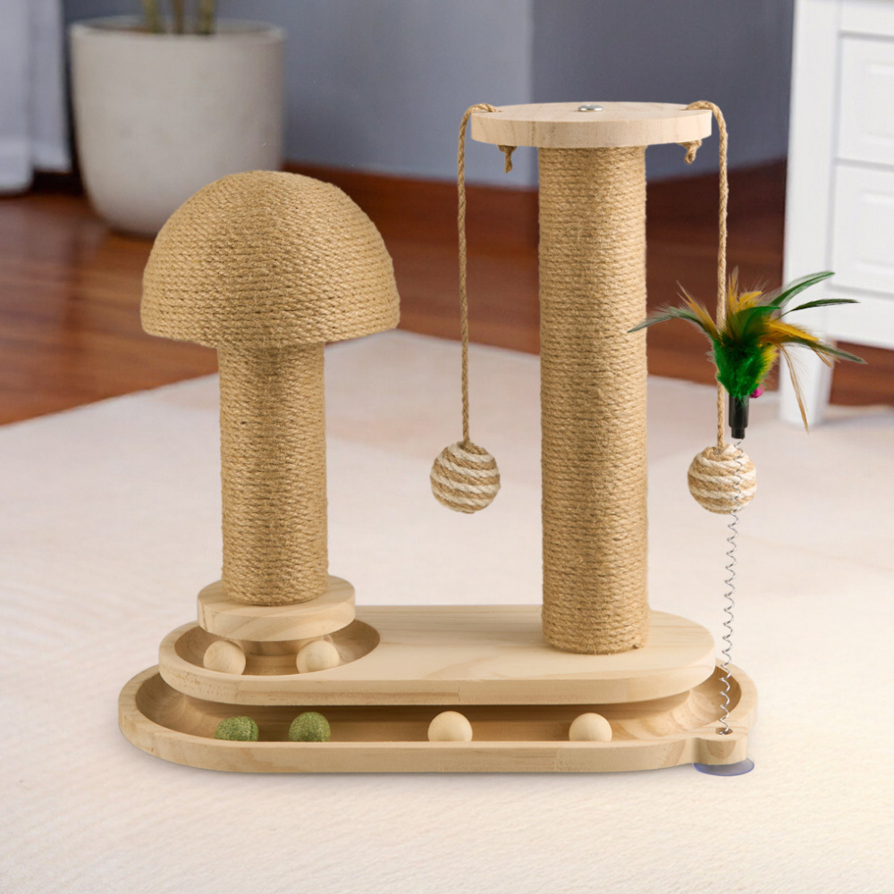 Solid Wood Cat Scratch Pole with Teasing Stick
