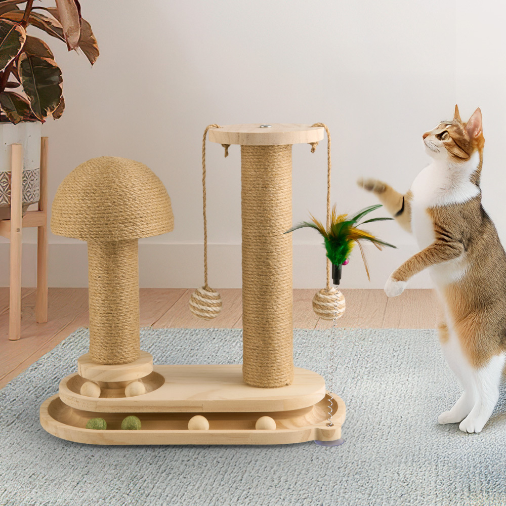 Solid Wood Cat Scratch Pole with Teasing Stick