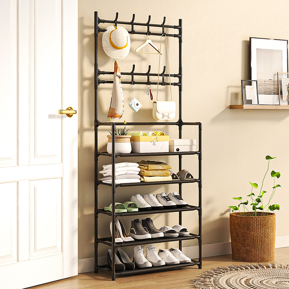 TEMU Coat And Hat Stand 8 Hooks Metal Storage Shoe Rack 5 Tiers Shelf Hanger Black, Large Capacity Clothes Stand Clothes Rail Clothing Organizer,