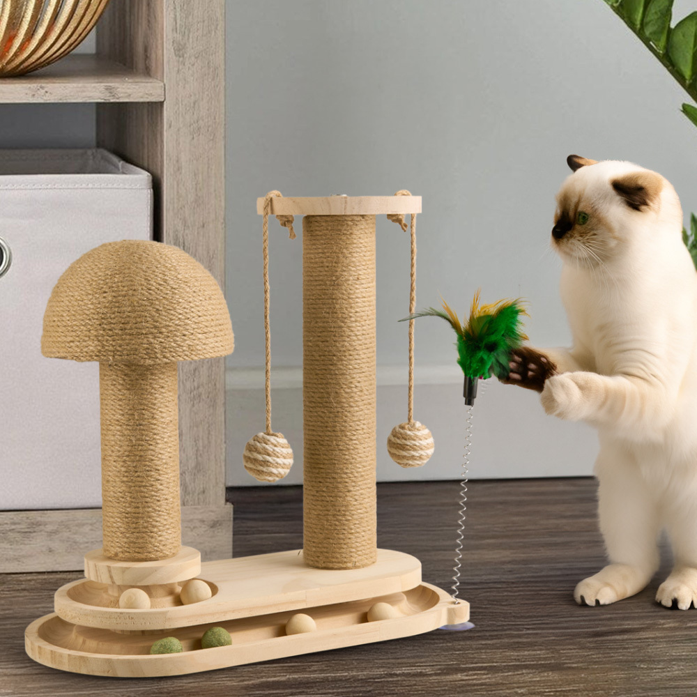Solid Wood Cat Scratch Pole with Teasing Stick