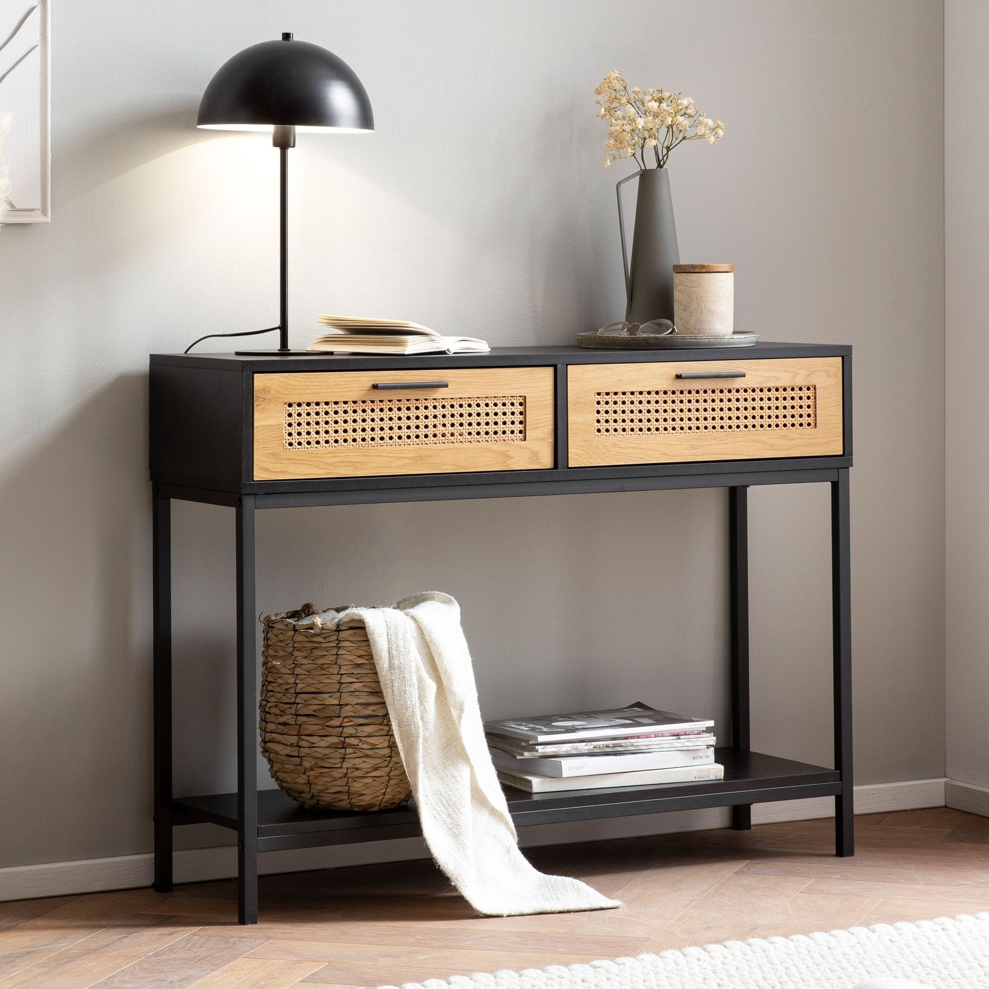 Image of Console Table Black 100x30x75 Cm Design Sideboard For Hallway, Narrow Storage Table With Vienna Wicker, Hall Table With Drawers And Shelf, Long Tall Rattan Entryway Table
