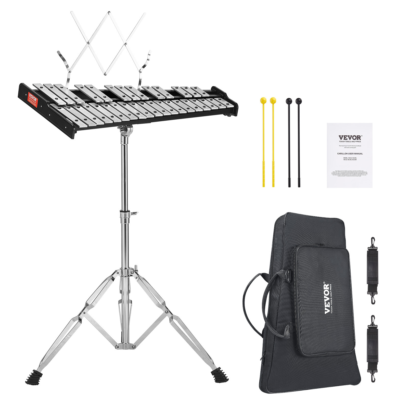 Image of Vevor 32 Note Glockenspiel Xylophone Bell Kit, Professional Percussion Instrument Set With , Drum Sticks, Music Stand, Adjustable Stand And Carrying Bag For Students & Adults