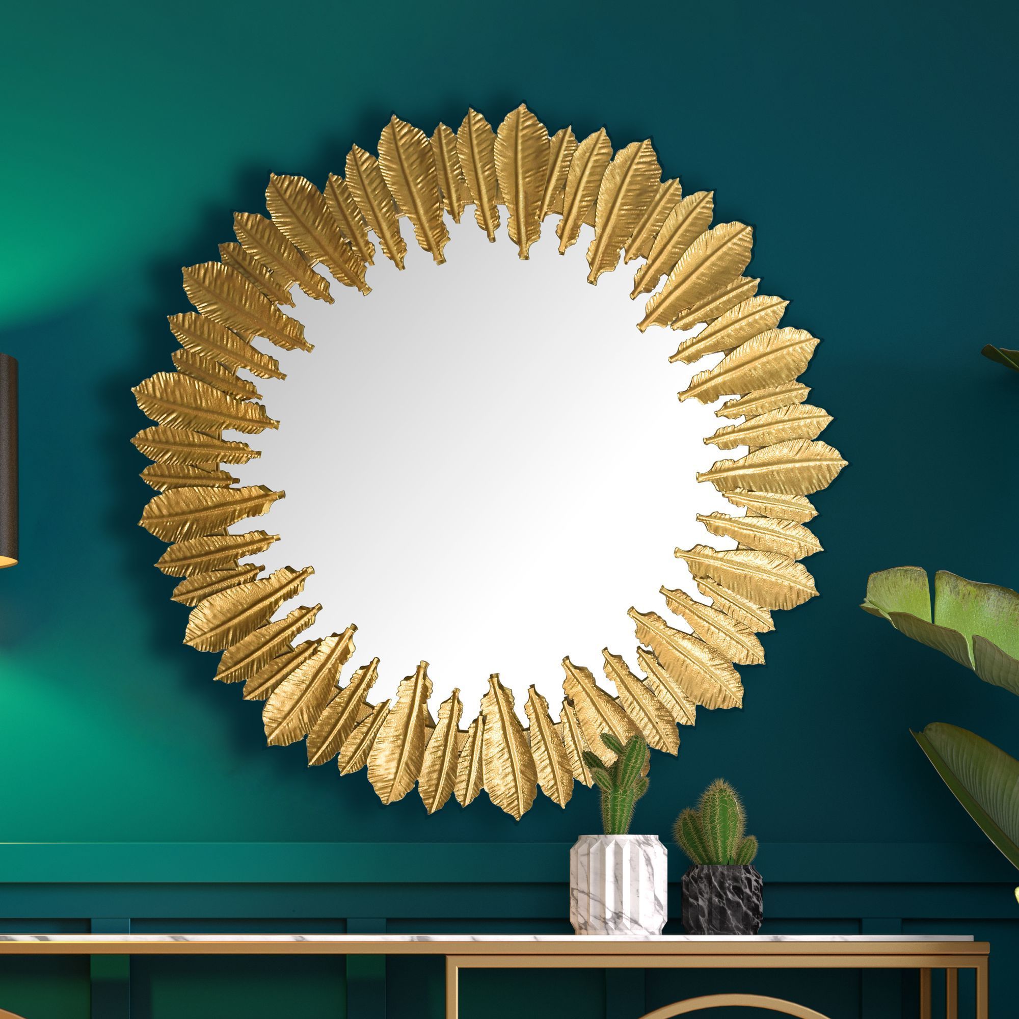 Wand Mirror Feathers 68 Cm Hanging Mirror Golden, Iron Decorative Mirror Round, Large Wall Mirror, Hallway Mirror Modern Wardrobe Mirror