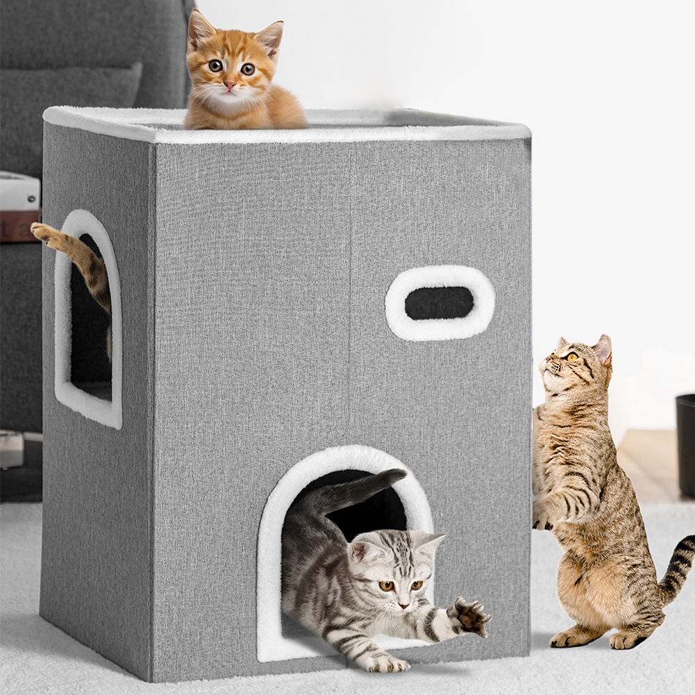 Image of Bakaji Vertical Cat Bed With Entrance, Gray Pet House Shelter, Warm And Thick Polyester Scratching Post, Scratching Lounger With Non-slip Base, 48 X Cm