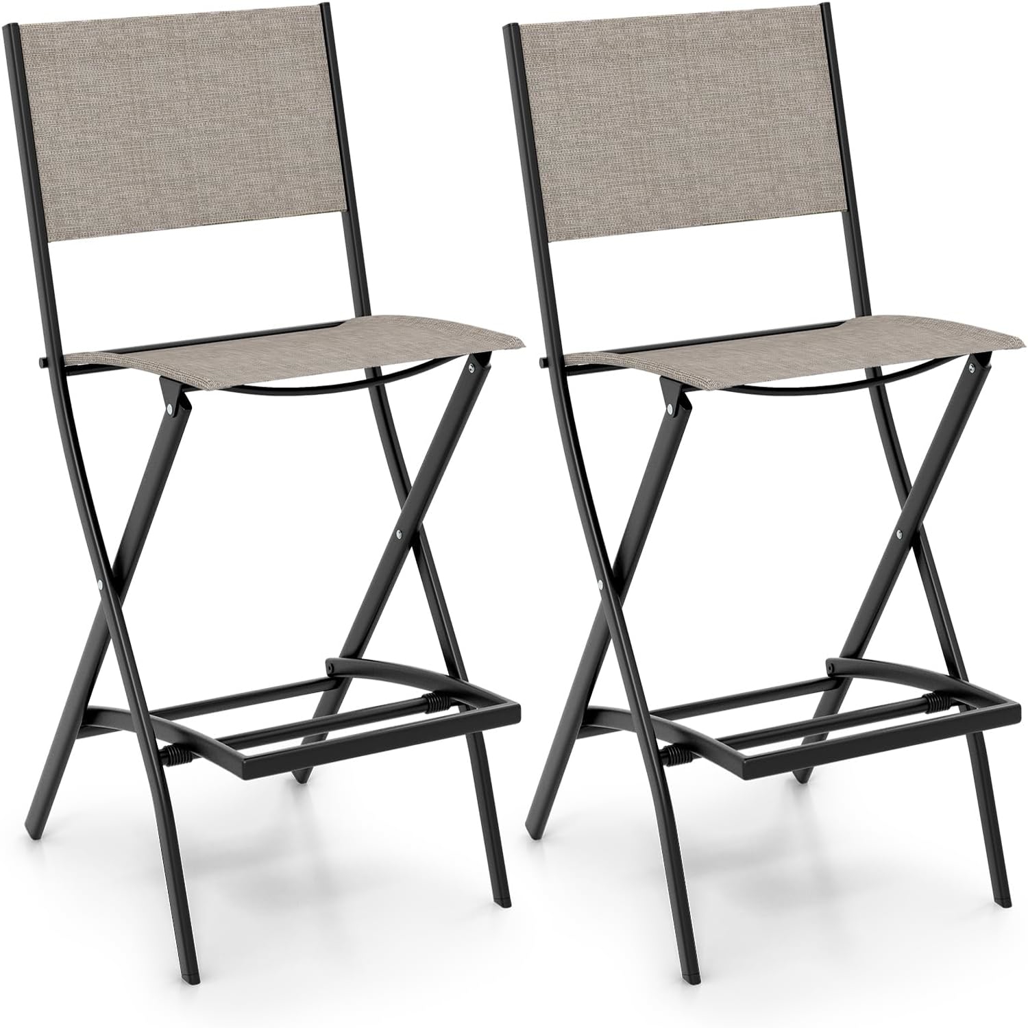 Set Of 2 Folding Bar Stools, Backed Patio Chairs, Ergonomic Footrest, Portable Outdoor Dining Chairs