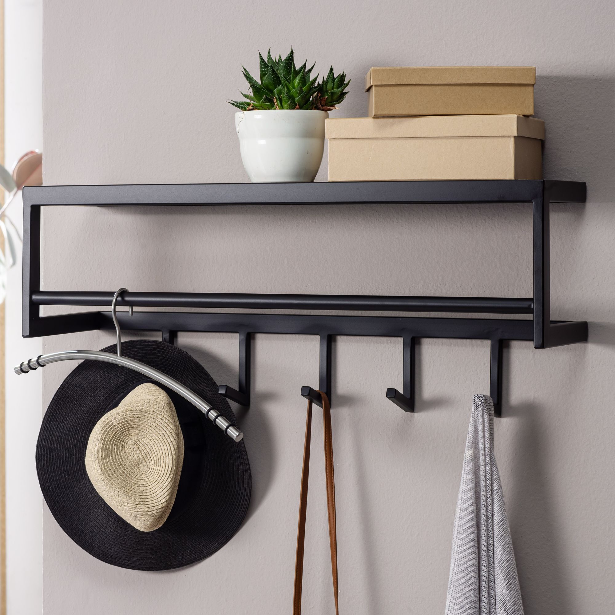 Image of Black Metal Wall Coat Rack 70x20x20 Cm, Hallway Coat Rack With Shelf, Design Hook Panel Steel, Wall Coat Rack With Hat Shelf, Hallway Coat Rail