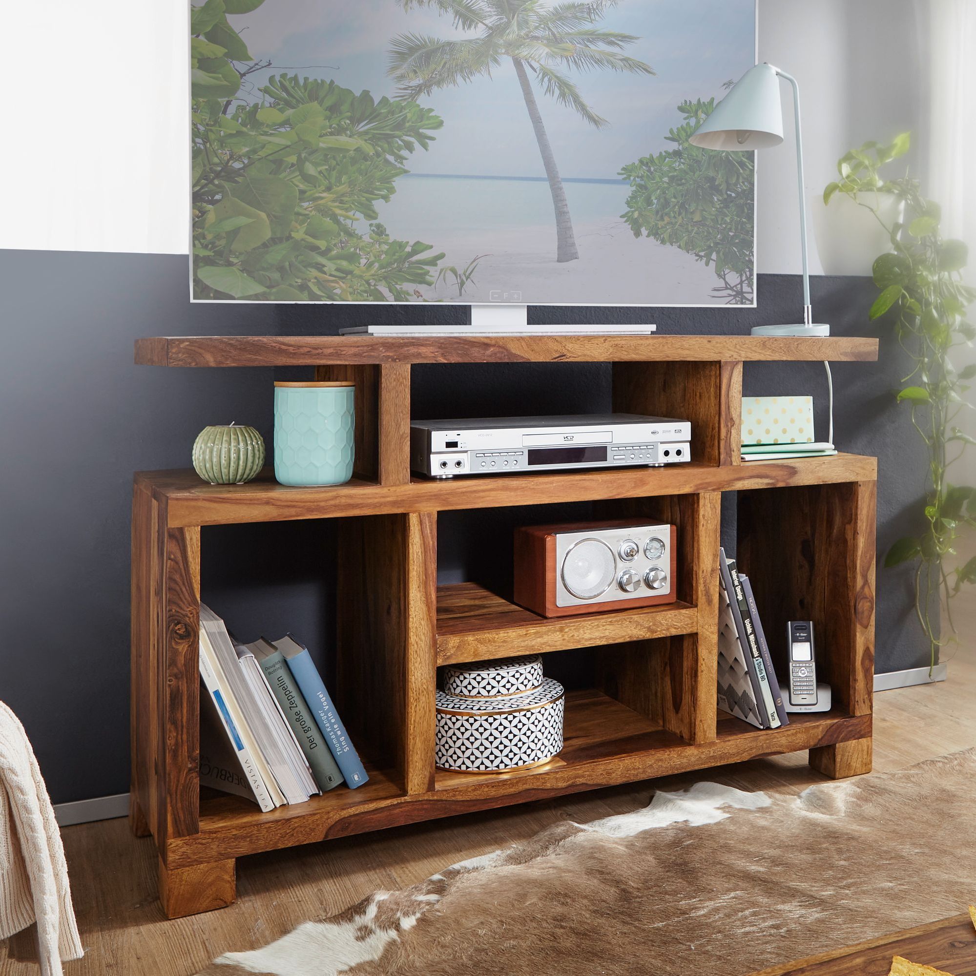 Image of Sheesham Solid Wood Sideboard 115 X 76 X 40 Cm In Country House Style, Tv Cabinet With Storage Compartments, Tv Stand With