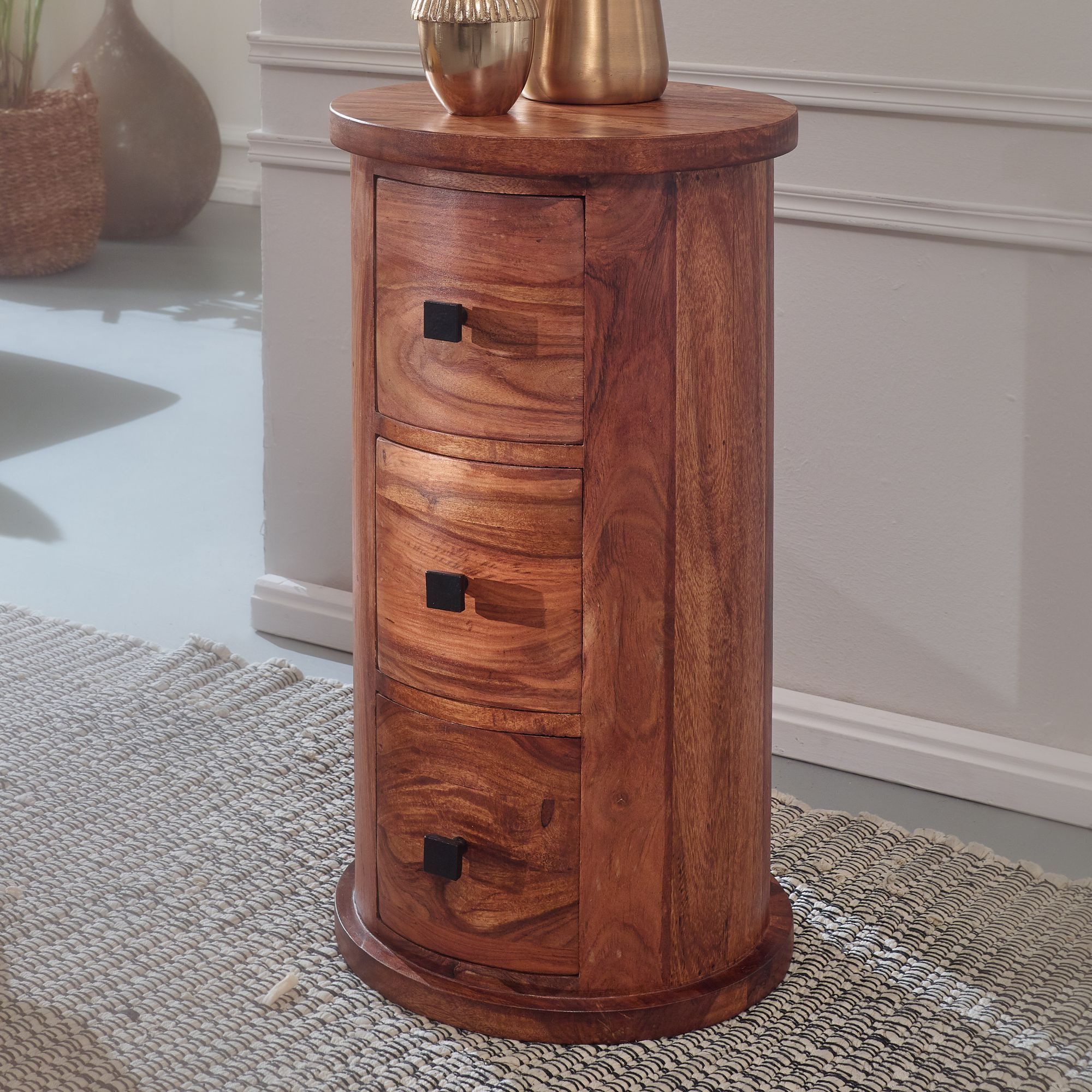 Design Sideboard In Solid Wood, Ø 35 Cm, Cabinet With Drawers, Narrow Solid Side Cabinet, Round Mini Dresser