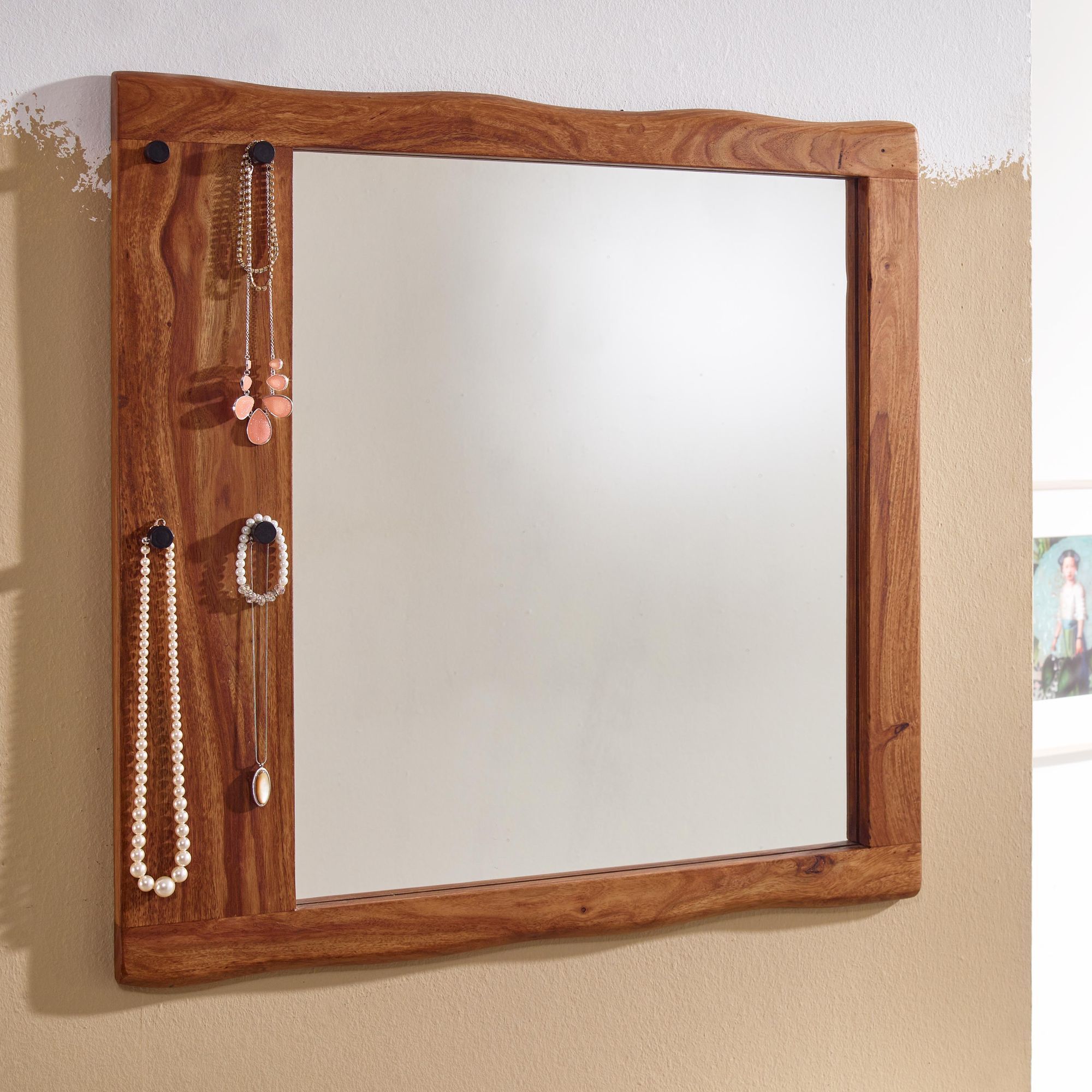 Solid Wood Wall Mirror 80x80x3 Cm, Hallway Mirror With Tree , Modern Hanging Mirror With Hook, Large Wall Mirror, Contemporary Coat Mirror