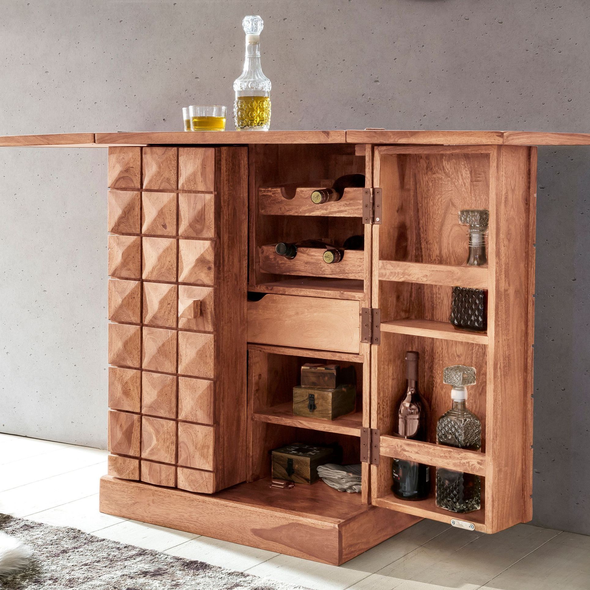 Image of Solid Wood Home Bar 65x91x50 Cm, Foldable Wine Bar, Modern Small Bar, Bar Cabinet With Doors, Liquor Cabinet With Storage For Bottles And Glasses