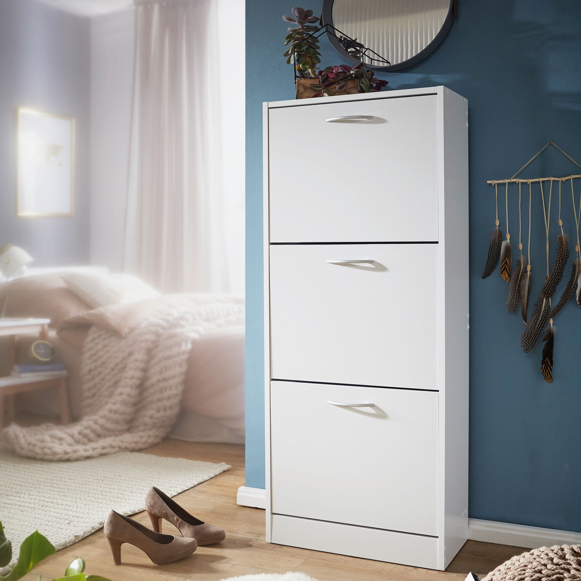 Image of Shoe Rack With 3 Compartments For 18 Pairs Of Shoes, Modern Shoe Cabinet In White, Shoe Dresser 50 X 24 X 125 Cm