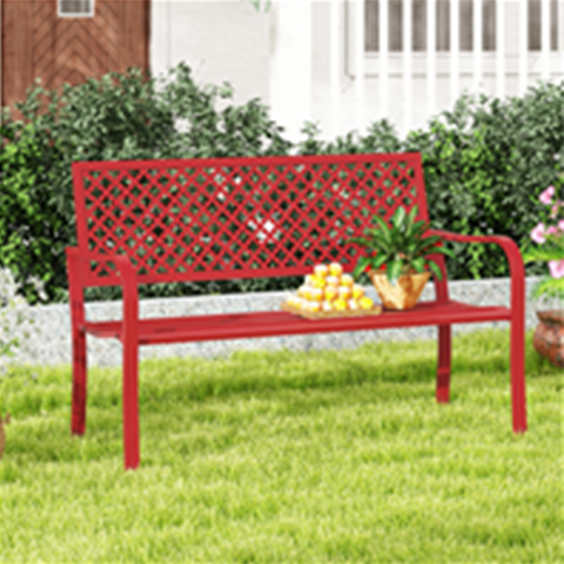 2-person Metal Garden Bench With Geometric Pattern Backrest & Slatted Seat, Ergonomic Curved Armrests