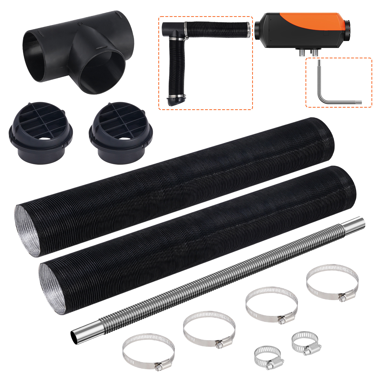 Heater Pipe Ducting Set, 3" Extendable Air Duct Hose, 1" Stainless Steel Exhaust Pipe, 2 Air Vents, Tee Air Outlet Connector And Hose Clamps, Parking Heaters